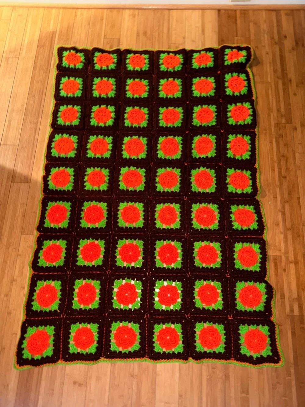 Vintage Handmade Crochet Granny Square Blanket with Orange Flowers